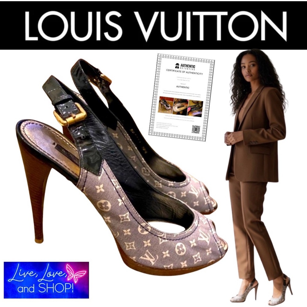 LOUIS VUITTON Monogram Idylle Mini Lin Slingback Open Toe Pumps, w/COA. EUC